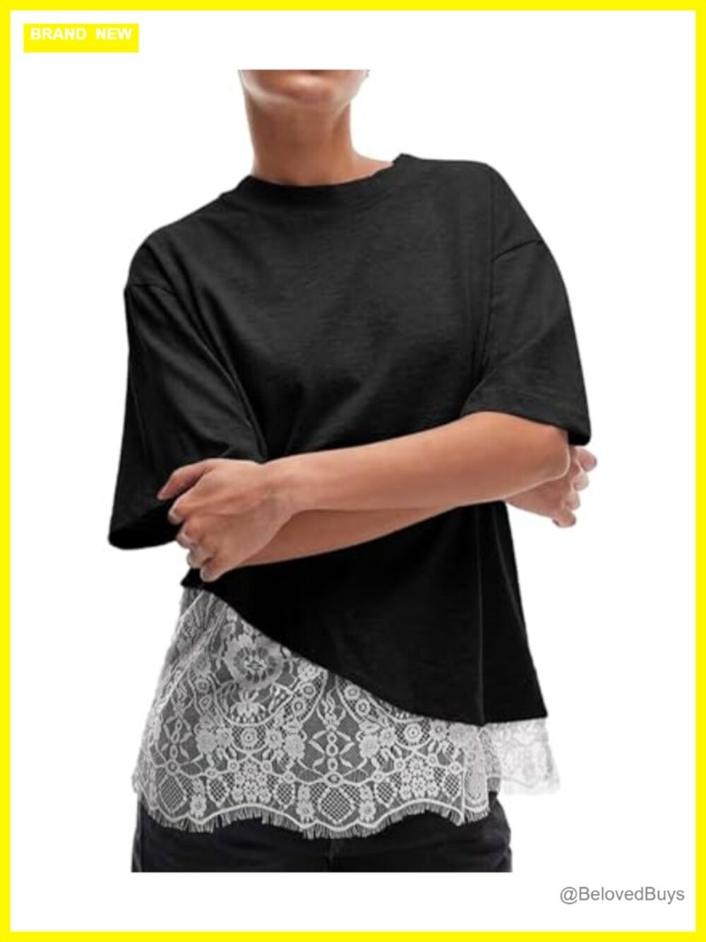 Lace Patchwork Short Sleeve Asymmetric Hem Flowy Oversized T-Shirt